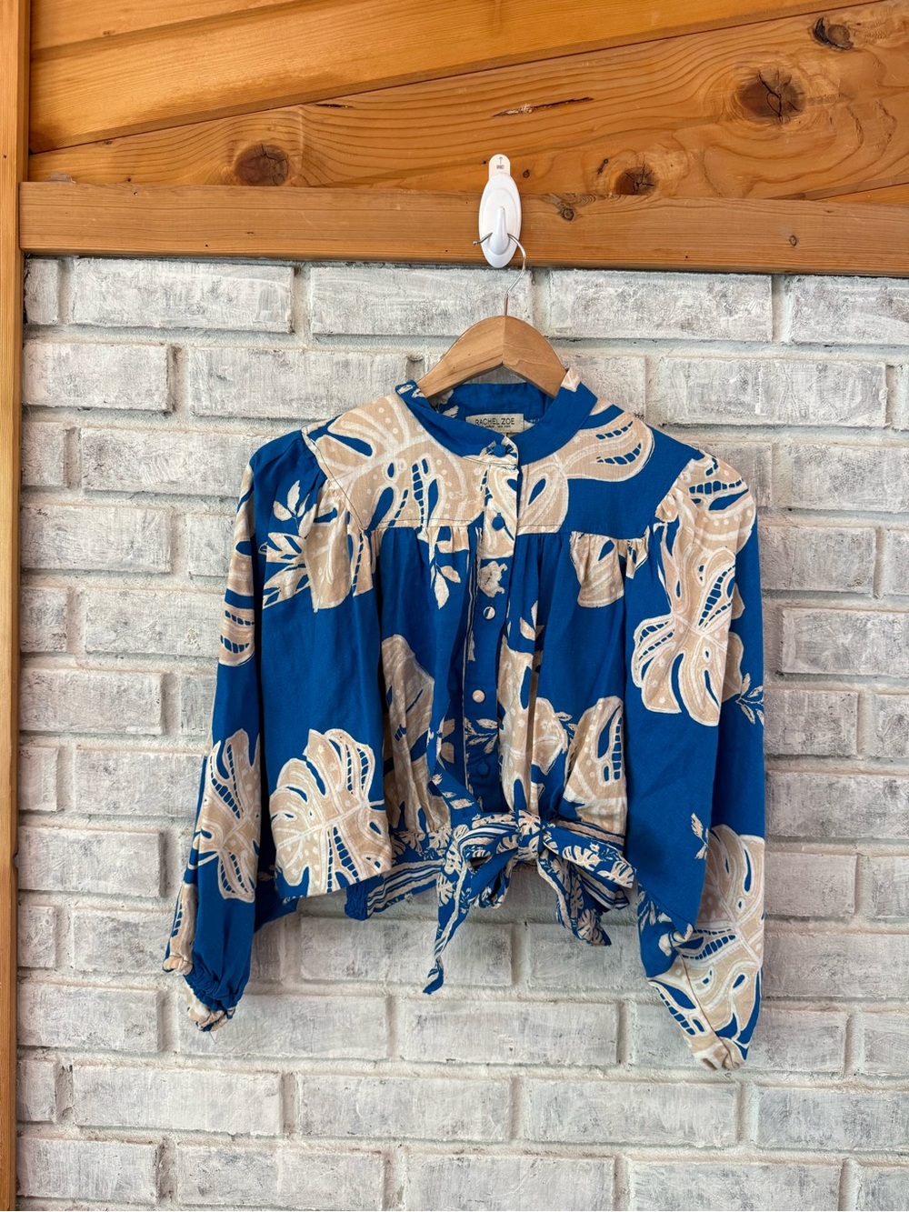 Rachel Zoe Blue and Cream Botanical Tie-Front Blouse